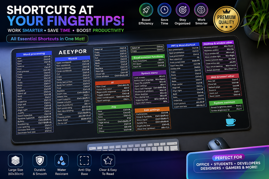 Large Shortcut Keyboard Mouse Pad!