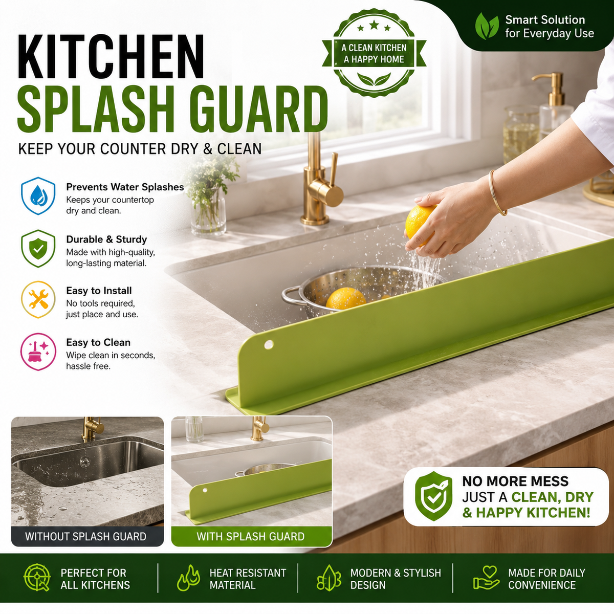 Kitchen Sink Water Splash Guard Blocking Plate Durable Strong Adhesion Easy To Use Compact Practical Choice For Preventing Splashing While Washing