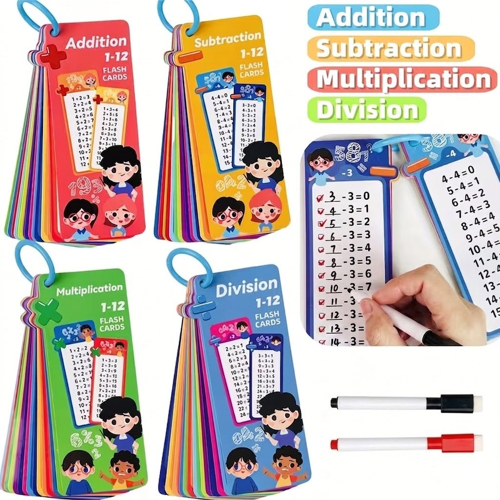 Set of 4 Reusable Kids Math Flash Cards – with 2 Wipe Markers | Fun & Educational in one - DAILY DEALS